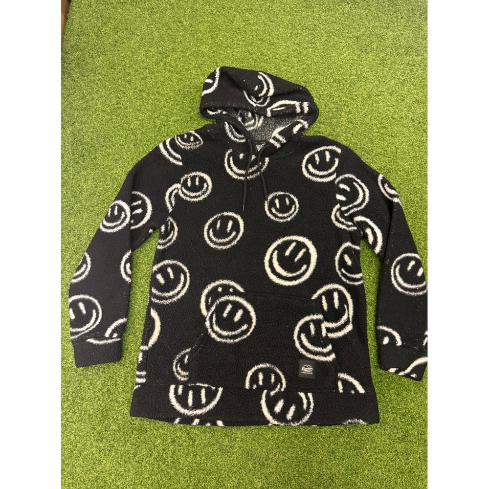 Brooklyn Cloth Mens Sherpa Hoodie Black White Smiley Face Fleece Pullover Large